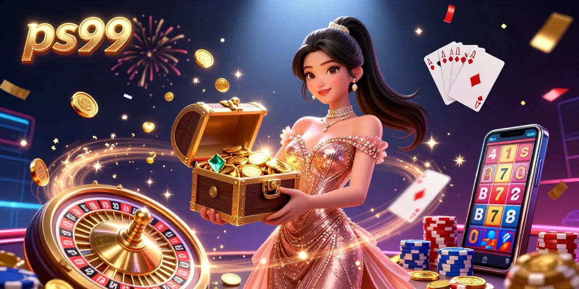 Play thrilling casino games at ps99, featuring a stunning treasure scene with golden coins and gems.