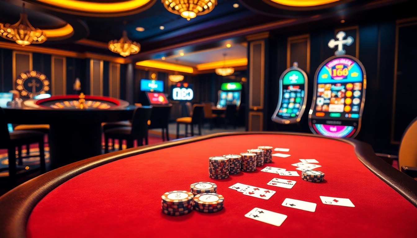 F168 players engaging in high-stakes table games with vibrant cards and stacked chips.