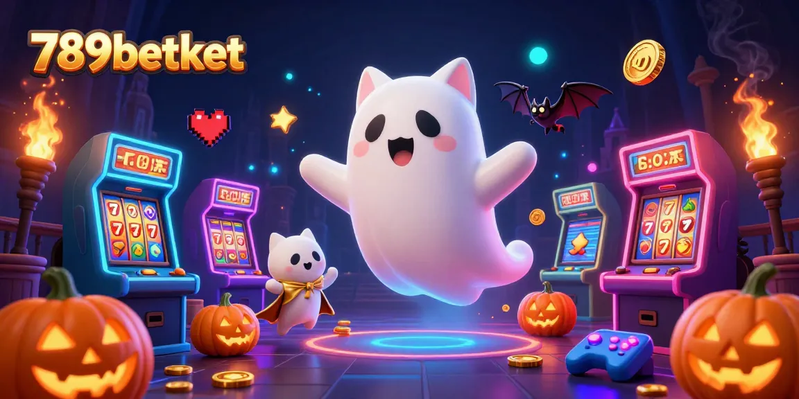Experience ghostly fun at 789betket with a haunted casino scene featuring a friendly ghost cat and vibrant gaming elements.