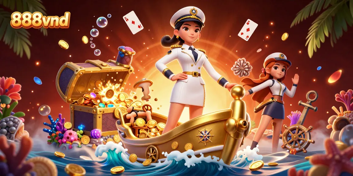 Experience the excitement of 888vnd with vibrant treasure-filled ocean graphics in a casino setting.