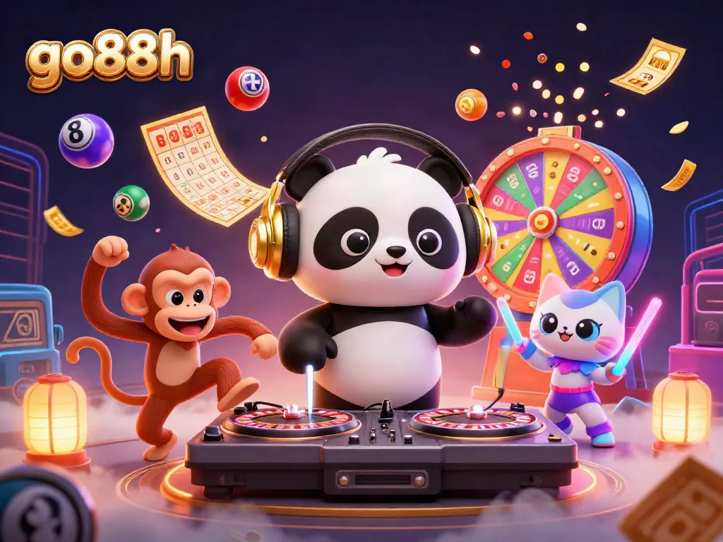 go88h illustrates an energetic casino scene with a DJ panda and vibrant game elements.