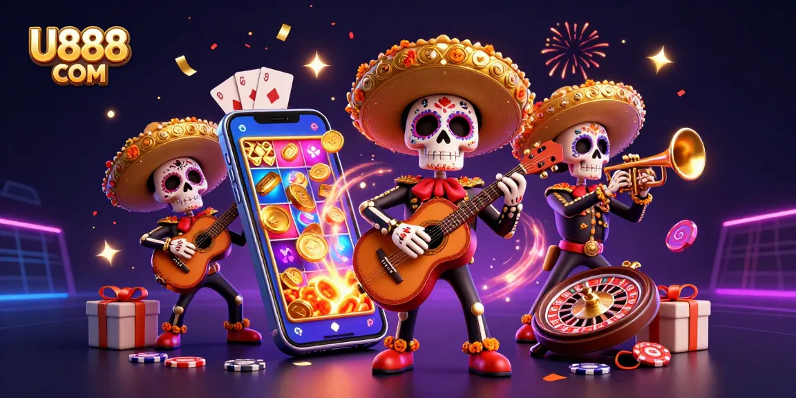 Engage with U888 COM through captivating 3D illustration of a festive mariachi band surrounded by casino elements.
