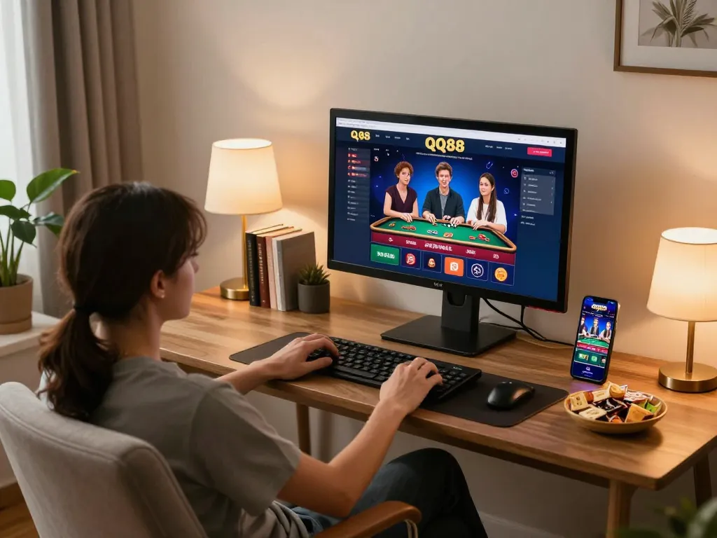 Player engaging with QQ88 online casino interface on desktop and smartphone in a cozy home setting