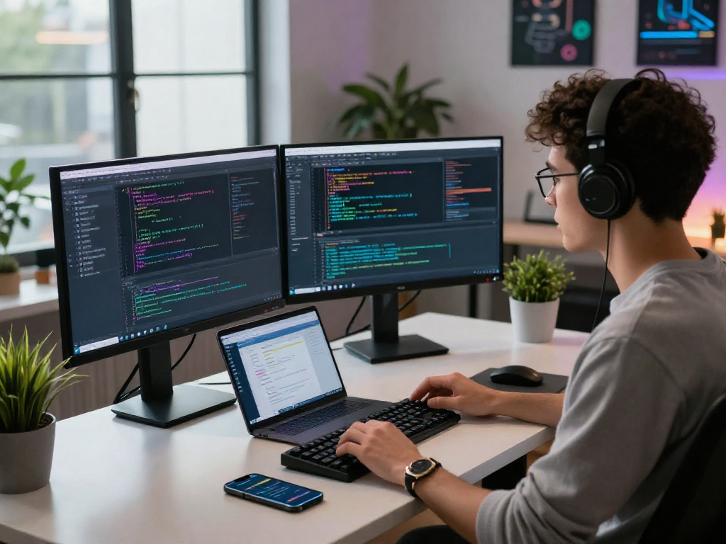 Young developer in modern tech workspace coding, showcasing ia +18 creativity and innovation.
