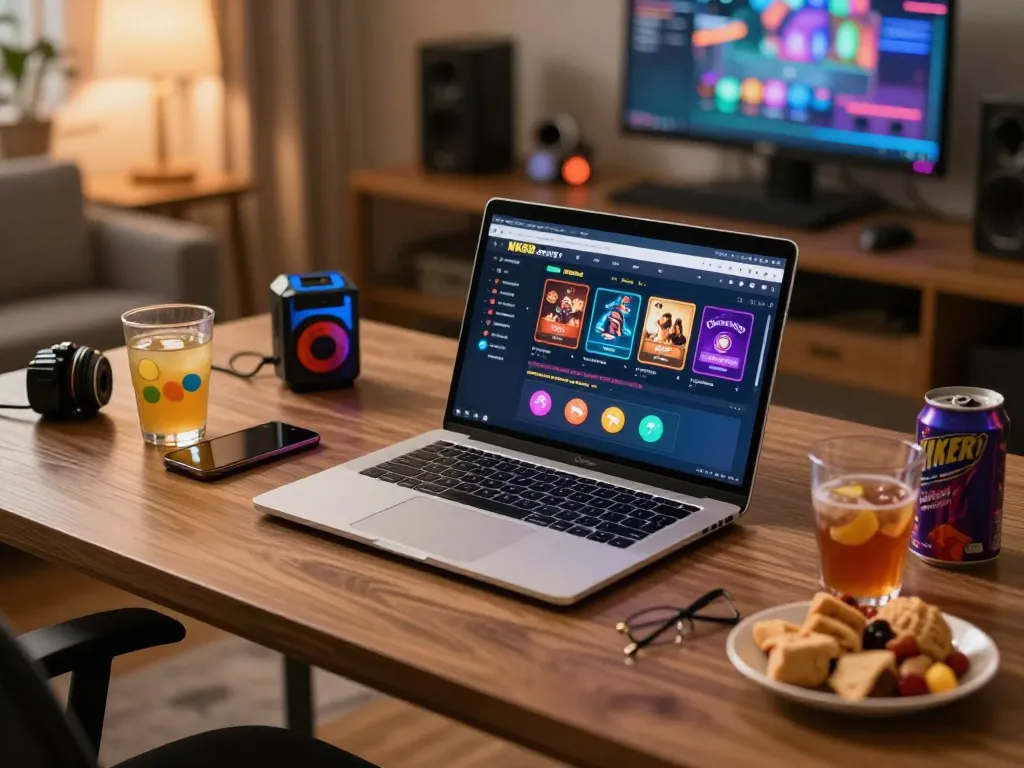 Engaging online gaming experience at https://gnk88.com/ showcased with vibrant home office setup and casino gameplay.