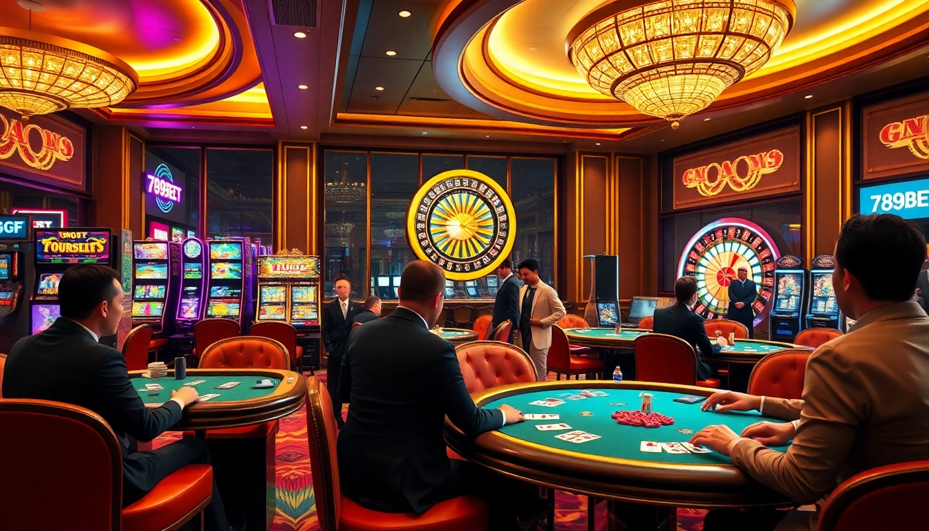 Players enjoying a thrilling night at the 789bet casino, surrounded by exciting slot machines and poker tables.