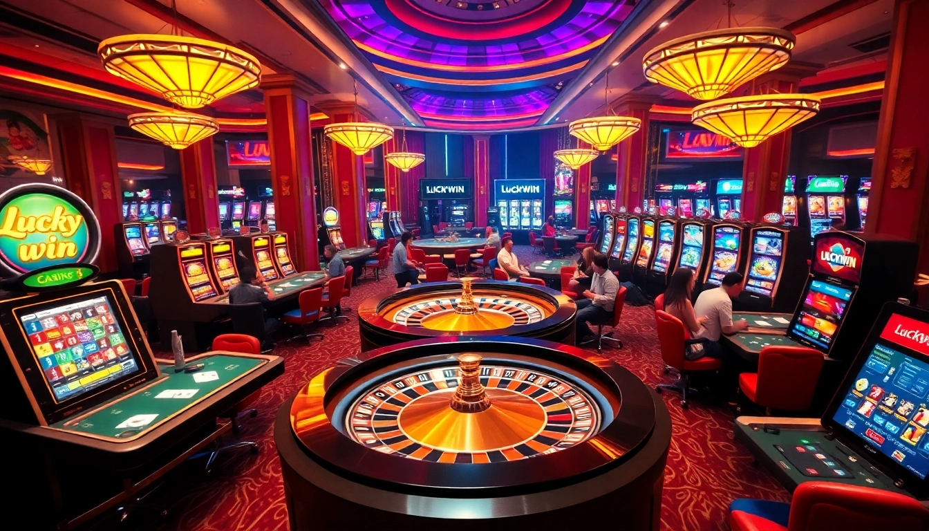 Luckywin players enjoying an exciting game at a luxurious casino with vibrant atmosphere.