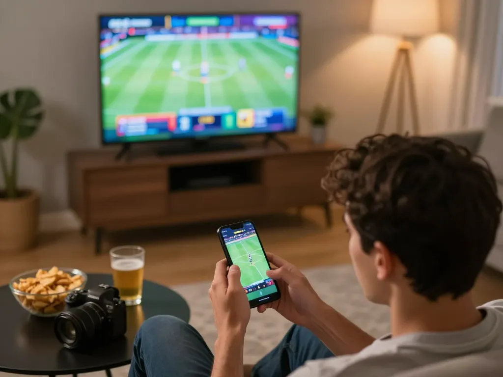 K8CC player placing bets on smartphone during exciting sports event in cozy home.
