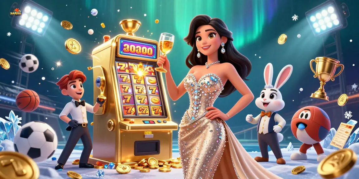 Experience the thrill of sunwin with a glamorous woman celebrating by a jackpot slot machine amidst casino excitement.