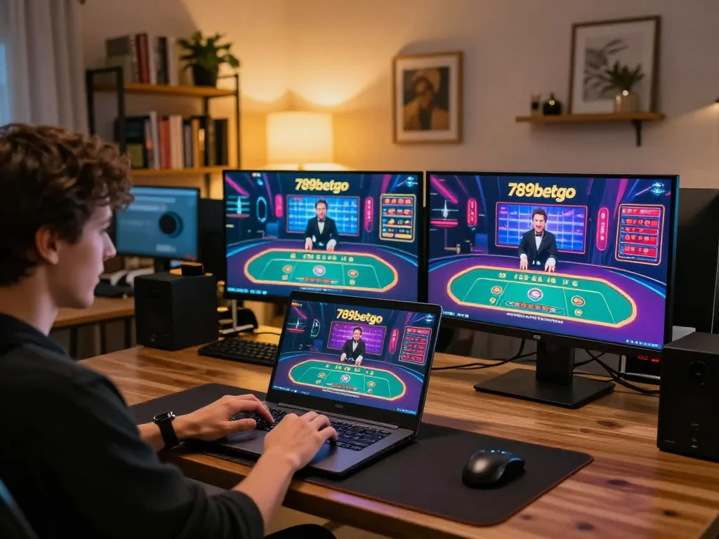 Engaging in an online game at 789betgo while using a laptop in a cozy home office.