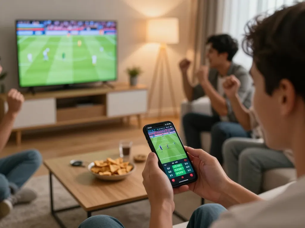 Engaging online sports betting scene showcasing fabet app used by friends during a match.