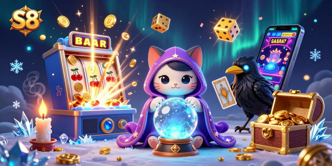 S8 jackpot scene showcasing a mystic cat fortune teller, a raven, and dynamic casino game action with golden coins and symbols.
