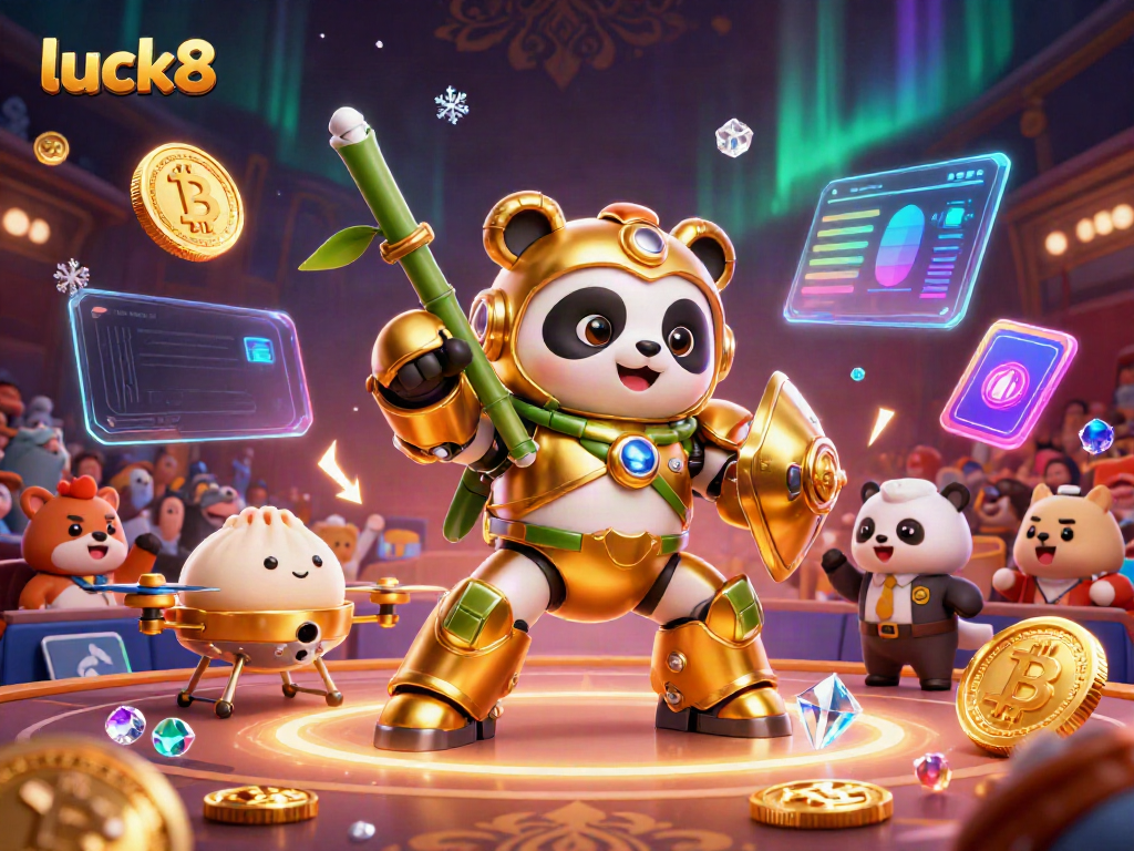 Engage with luck8 in this vibrant 3D casino arena illustration featuring dynamic game elements.