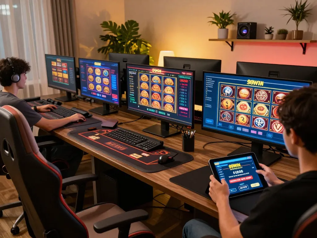 Person engaged in online gaming at 99WIN using a tablet and multiple screens in a modern home office setting