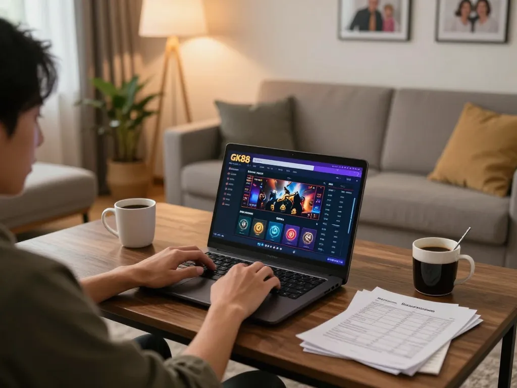 Player strategizing on GK88 co while enjoying a cozy home gambling session.
