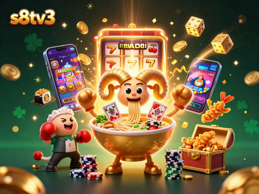 S8TV3 presents a vibrant 3D illustration of a golden ramen bowl dealer with dynamic casino elements celebrating a big win.