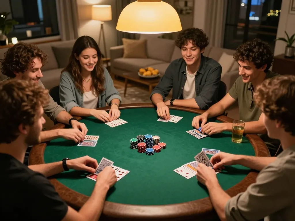 Players enjoying a fun poker night at home, showcasing the excitement of 577F games.
