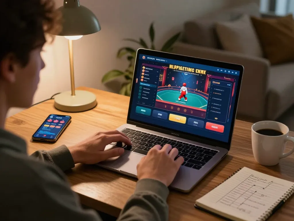 Engaging player utilizing sunwin online casino platform on a laptop at home, strategizing their bets.