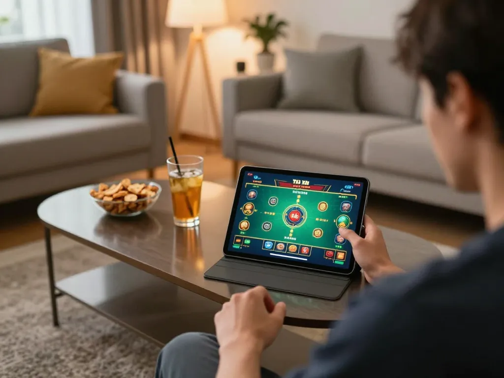 Tài Xỉu Sunwin gameplay in a cozy home setting with strategic betting displayed on tablet