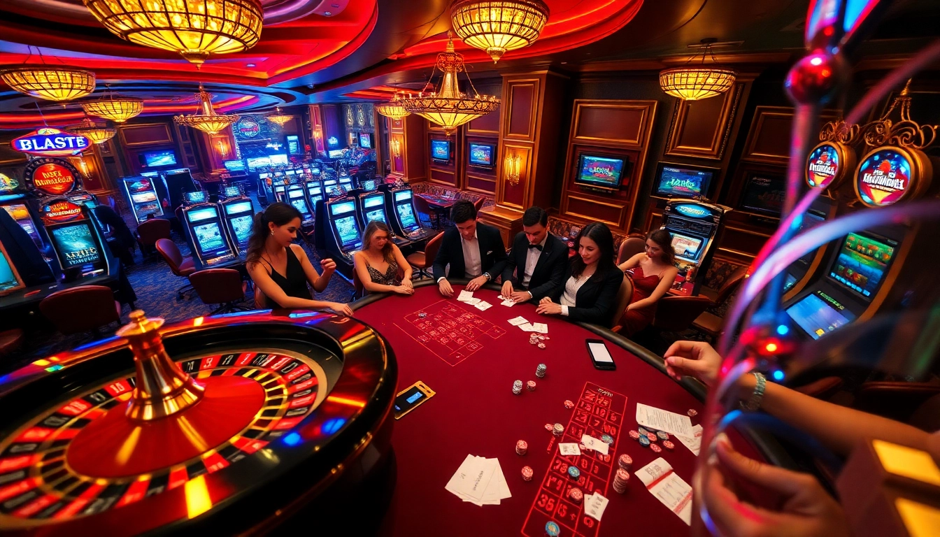 Exciting scene at a luxury casino featuring n188-themed games and vibrant players.