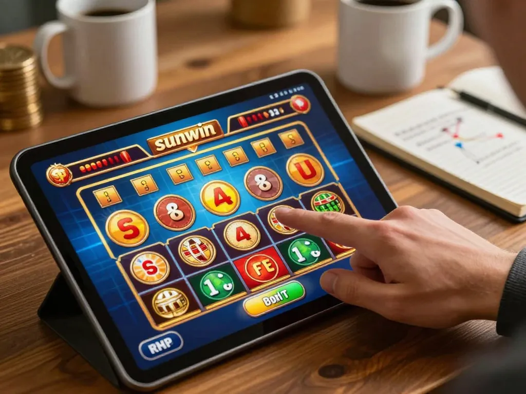 Engaged player utilizing the sunwin app for an immersive online casino experience at home.