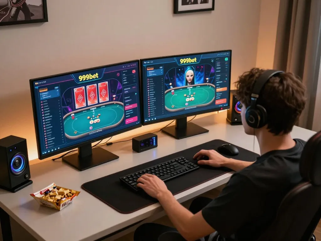 Player engaged in a thrilling 999bet online poker game at a stylish gaming setup