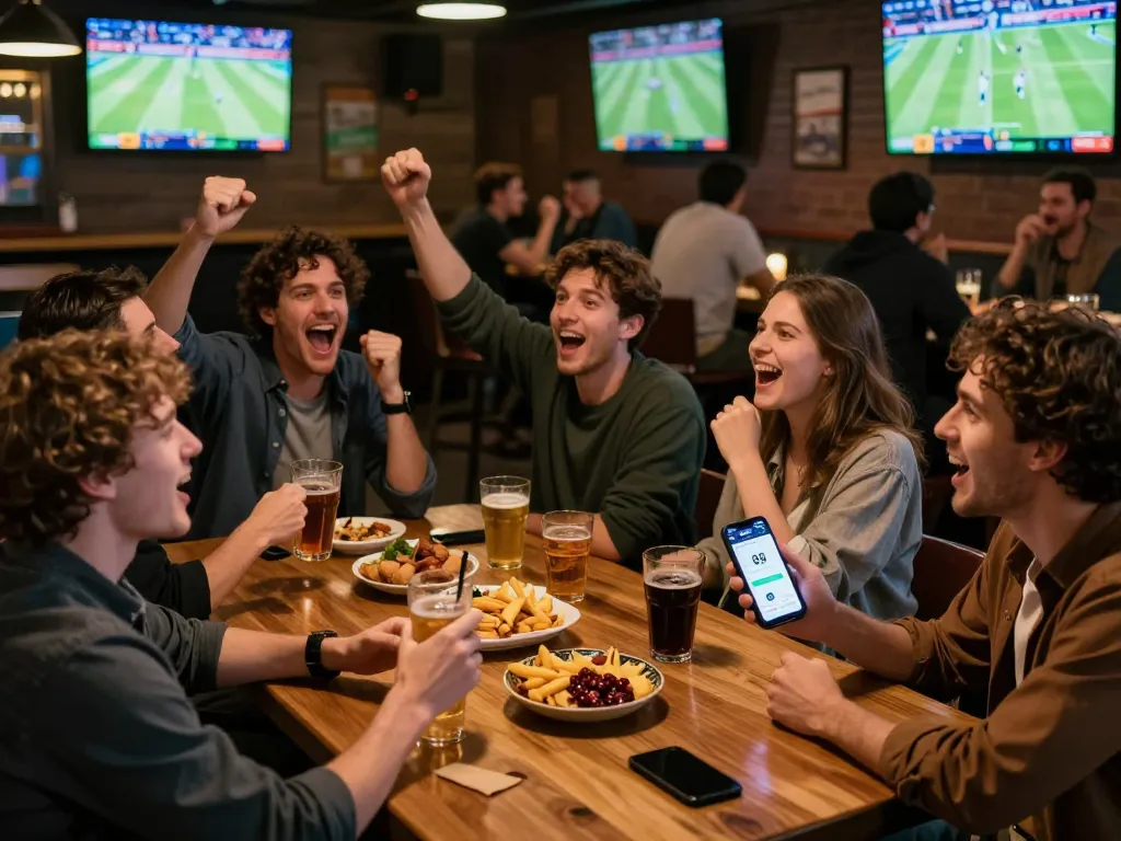 Group enjoying sports betting at a bar using the 89 bet app, an exciting betting atmosphere.