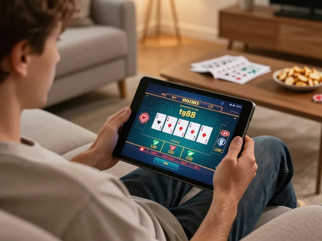 Engaging in a tg88 game, player explores poker options on tablet in cozy living room.