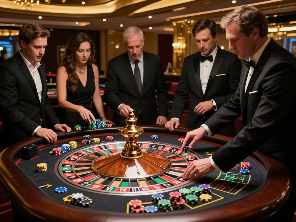 Engaging scene at a luxurious casino roulette table where players monitor the spinning wheel, embodying the thrill of nohu gambling.