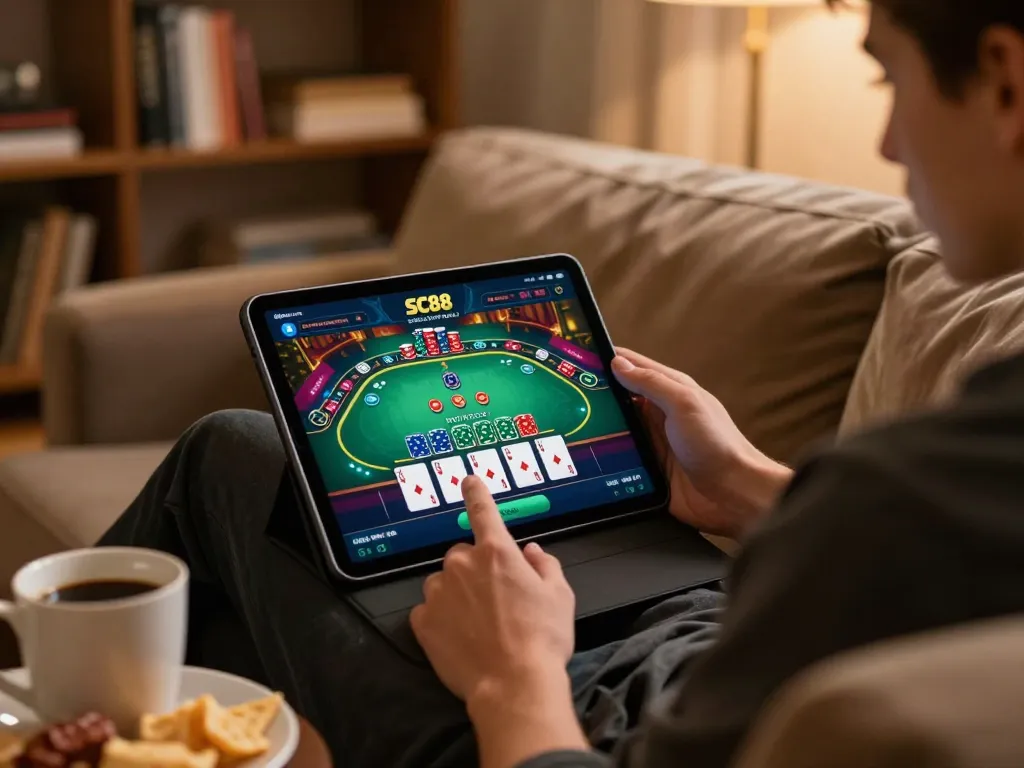 Enjoying live dealer blackjack on the SC88 casino app while relaxing at home
