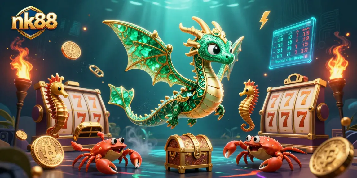 Join the action at nk88 with vibrant slot reels and a majestic sea dragon in an engaging 3D casino scene.