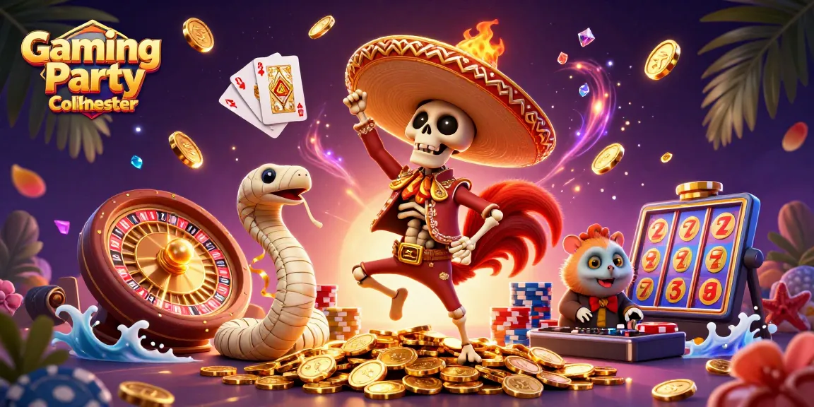 Experience the excitement of Gaming Party Colchester with a vibrant digital illustration featuring animated characters celebrating on golden coins.