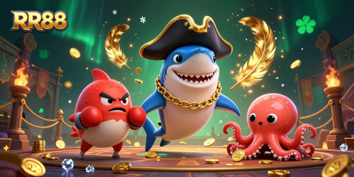 Engage in thrilling gameplay at RR88 while enjoying a dynamic 3D casino scene featuring a pirate shark and friends.