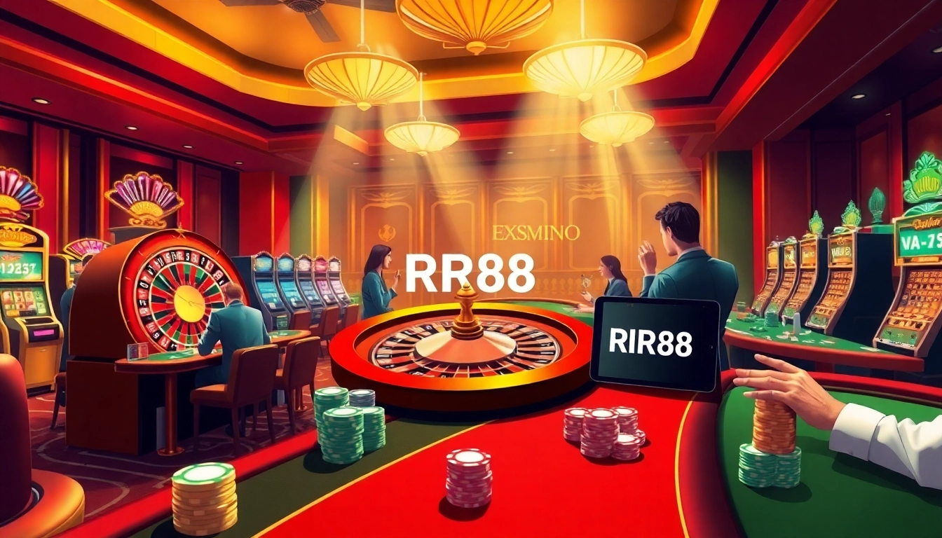 Experience the excitement of link RR88 in a vibrant casino atmosphere filled with roulette wheels and poker tables.