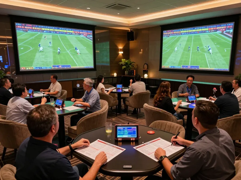 Betting enthusiasts engage with Okwintv while enjoying live sports in a luxurious casino.