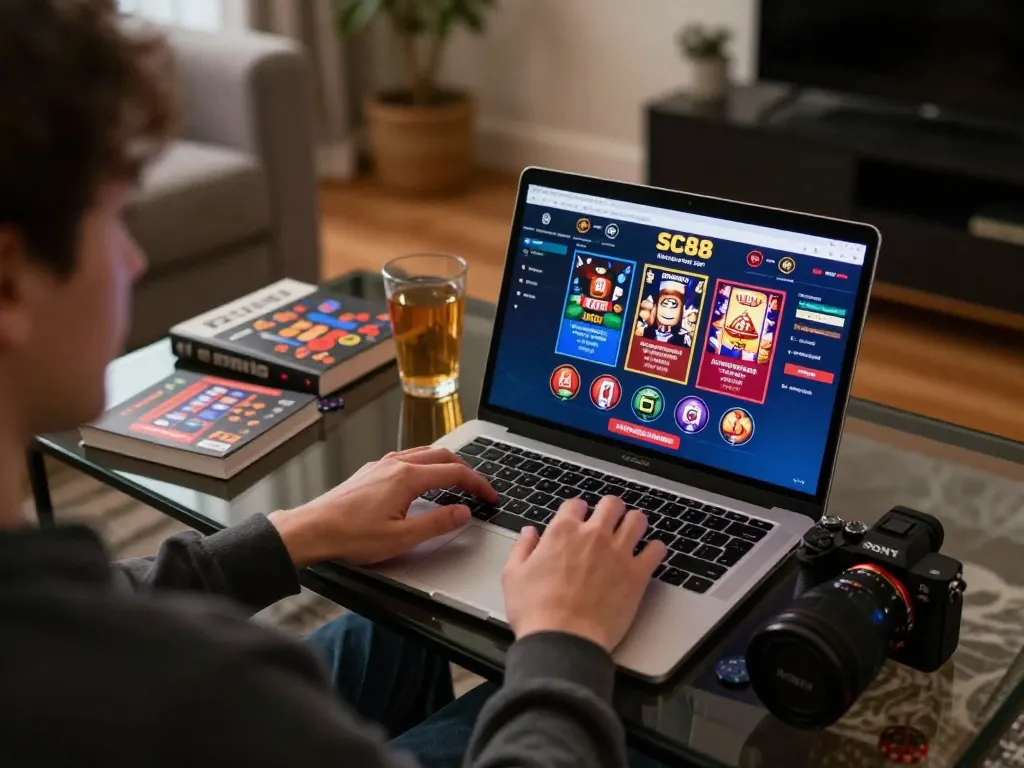Engaged player using SC88 online casino on a laptop, cozy home gaming environment.