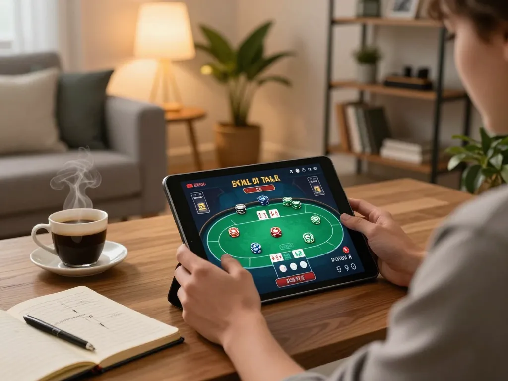 Player enjoying LV88 poker game on a tablet in a cozy home setting.