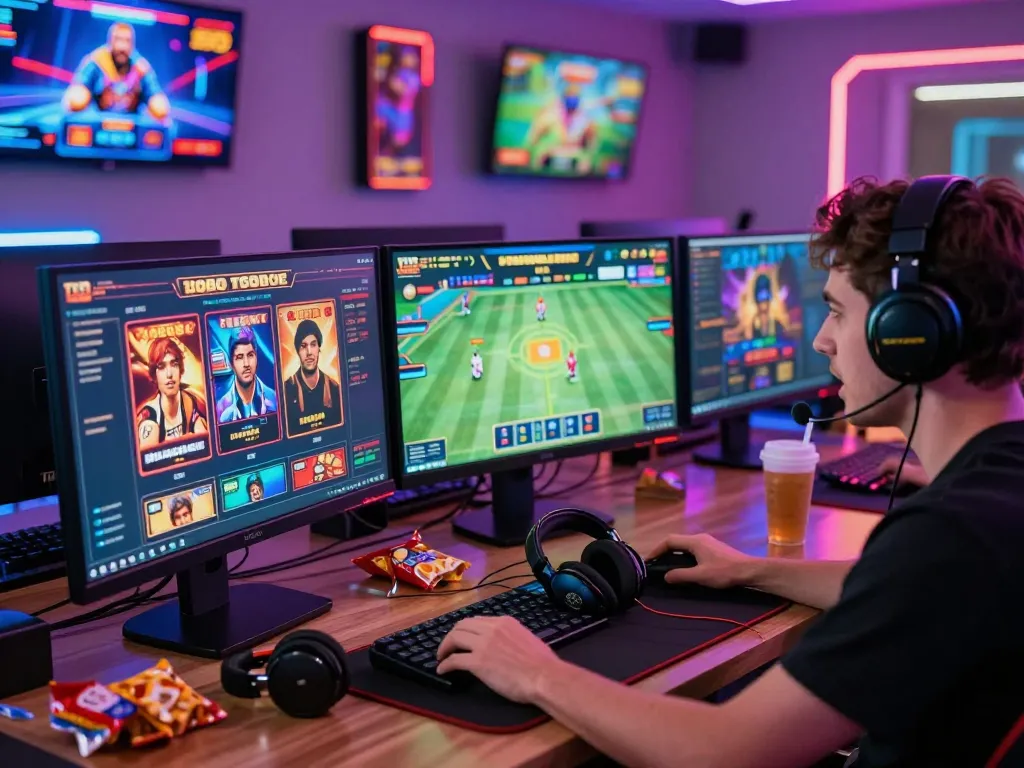 Enthusiastic player immersed in online gaming experience at TG88, showcasing vibrant gaming interface and accessories in an energetic atmosphere.