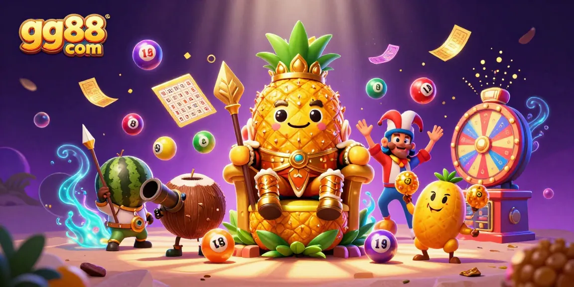 Engage with gg88 com's thrilling casino scene featuring a pineapple king and jubilant game elements.