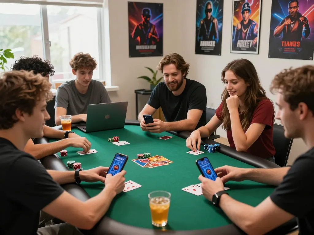 Engaging online gaming atmosphere with friends playing as they tải sunwin on multiple devices, enjoying the excitement of poker.