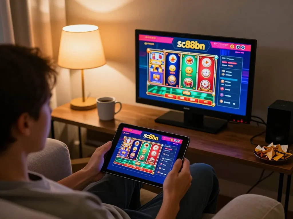 Engaged gambler using sc88bn on tablet in cozy living room with focused ambiance.