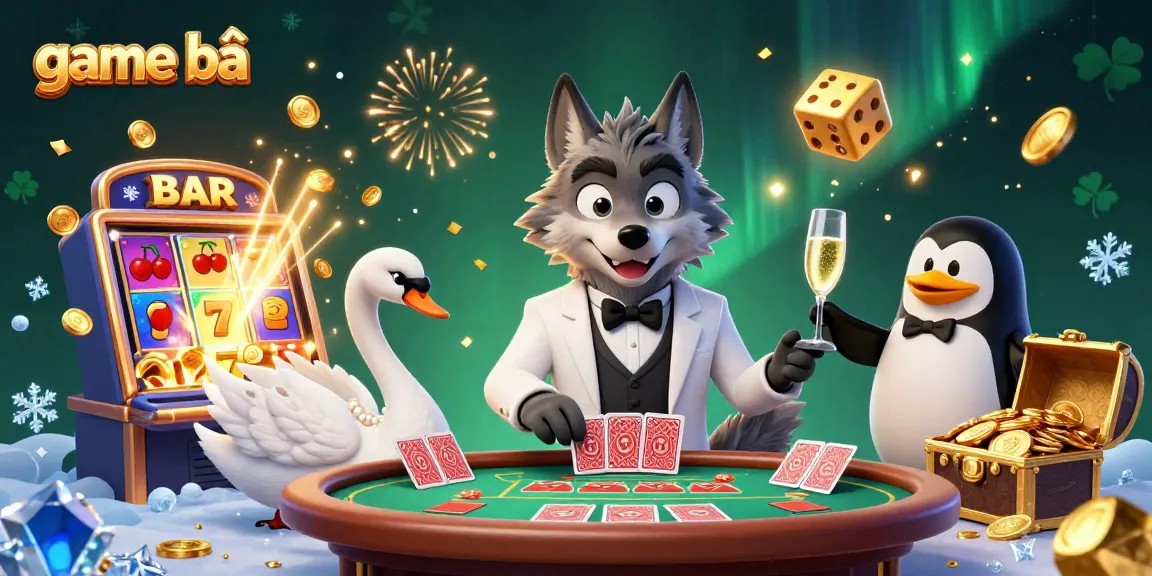 Experience the thrill of game bài with a cartoon wolf, swan dealer, and penguin sommelier.