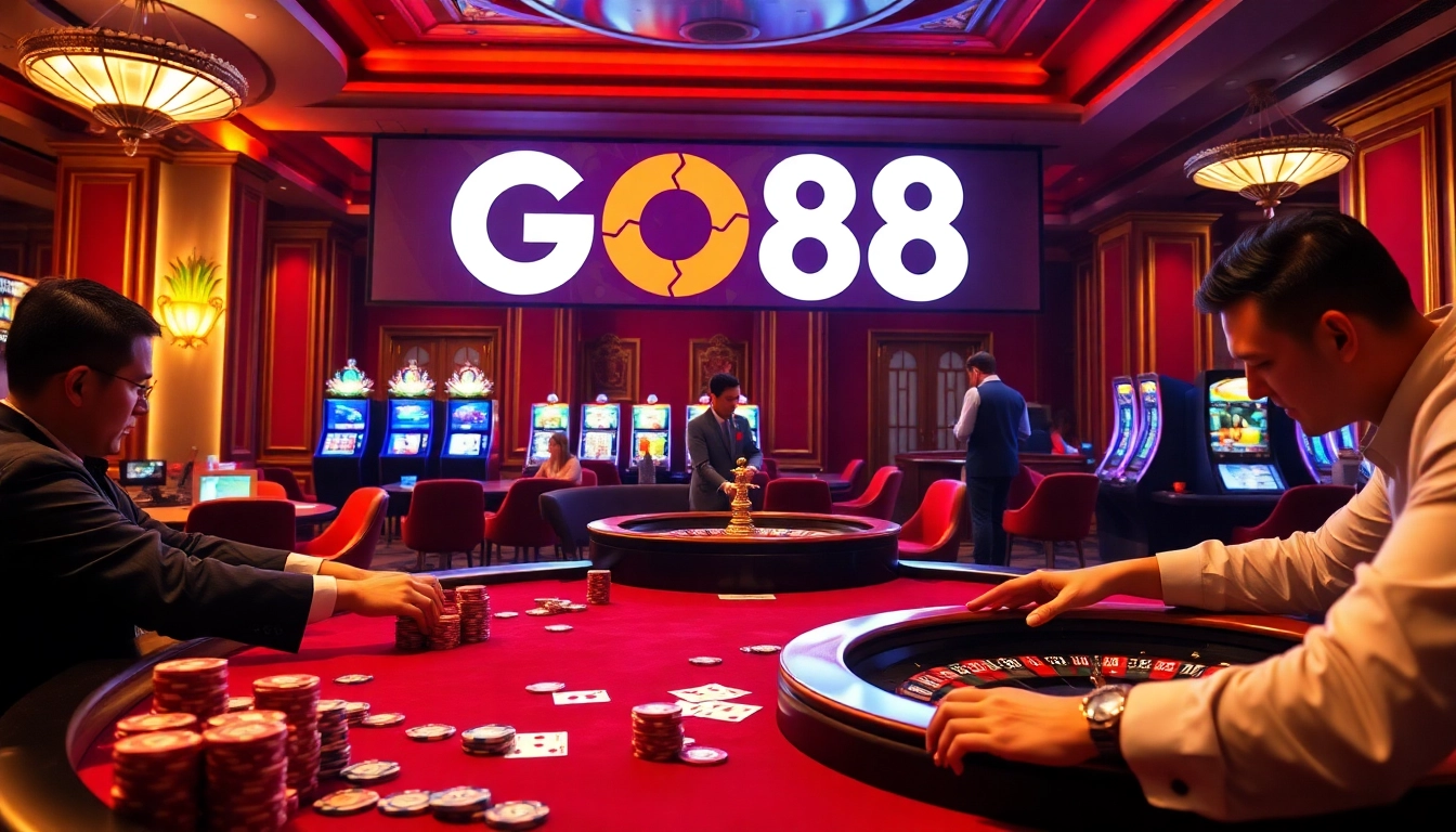 GO88 gaming scene with poker chips and roulette wheel, showcasing high-stakes action