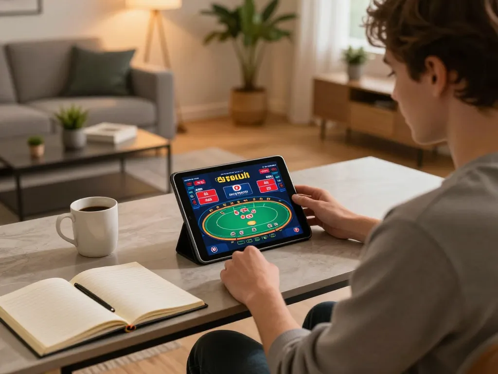 Player engaging with uu88 online casino at home, displaying vibrant game interface and strategy notes.