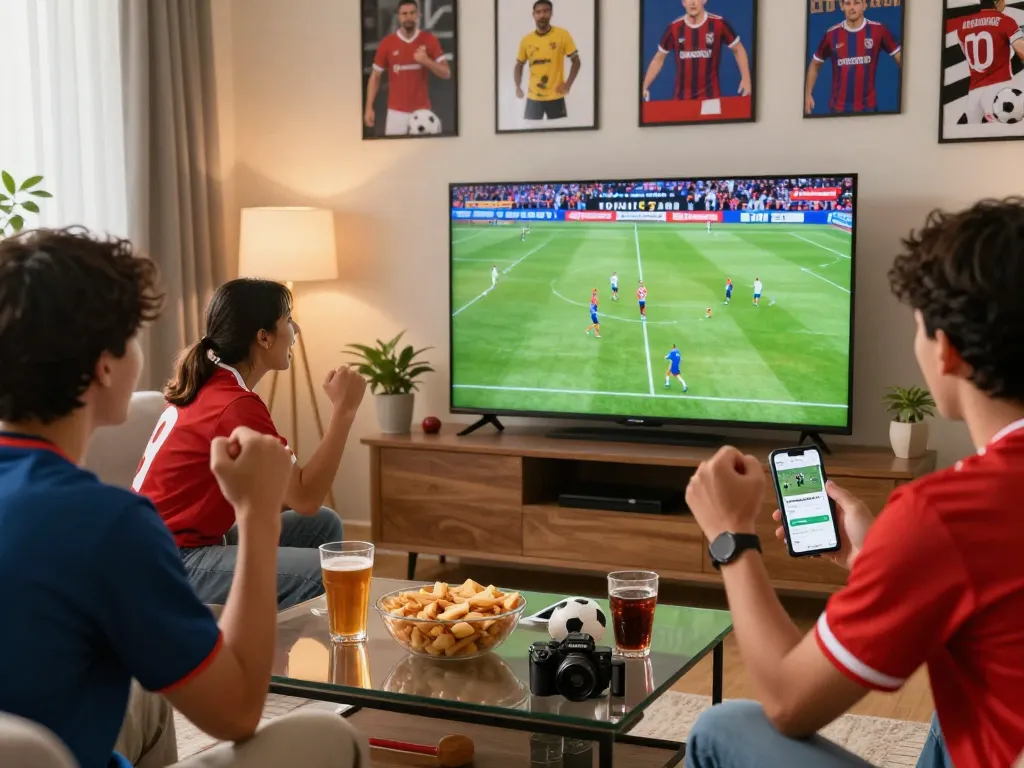Luong Son fan watching a live football match on TV with friends, celebrating the game.