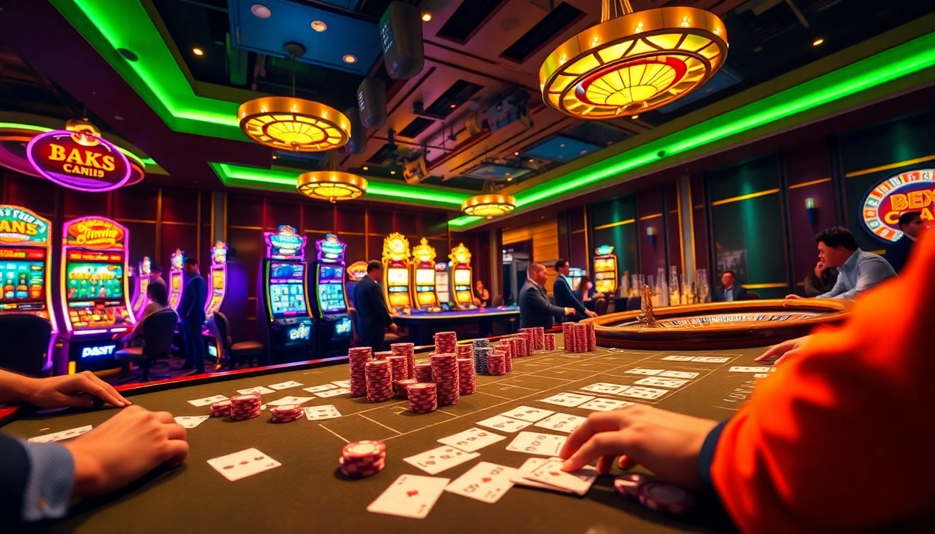 B52 casino players excitedly betting at vibrant tables with colorful chips and cards.