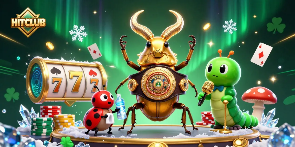 Experience thrilling action at HITCLUB with vibrant slot reels, poker chips, and captivating characters.