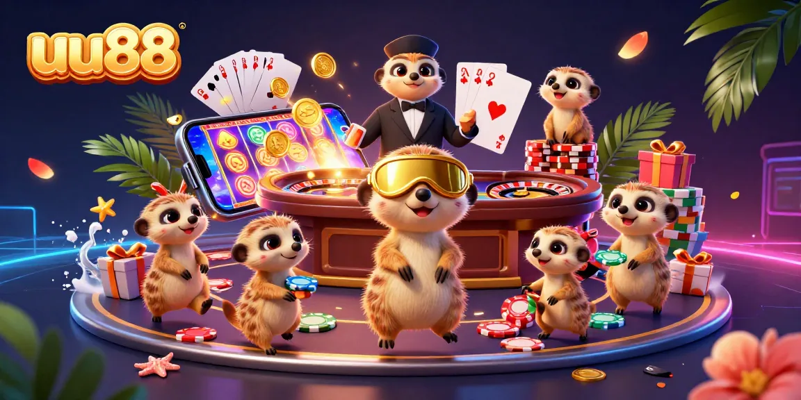 uu88 meerkats orchestrate a vibrant casino scene filled with games, chips, and excitement.