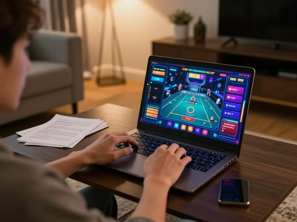 Engaging player at home using a laptop for online gaming on sunwintop platform, showcasing a vibrant casino interface