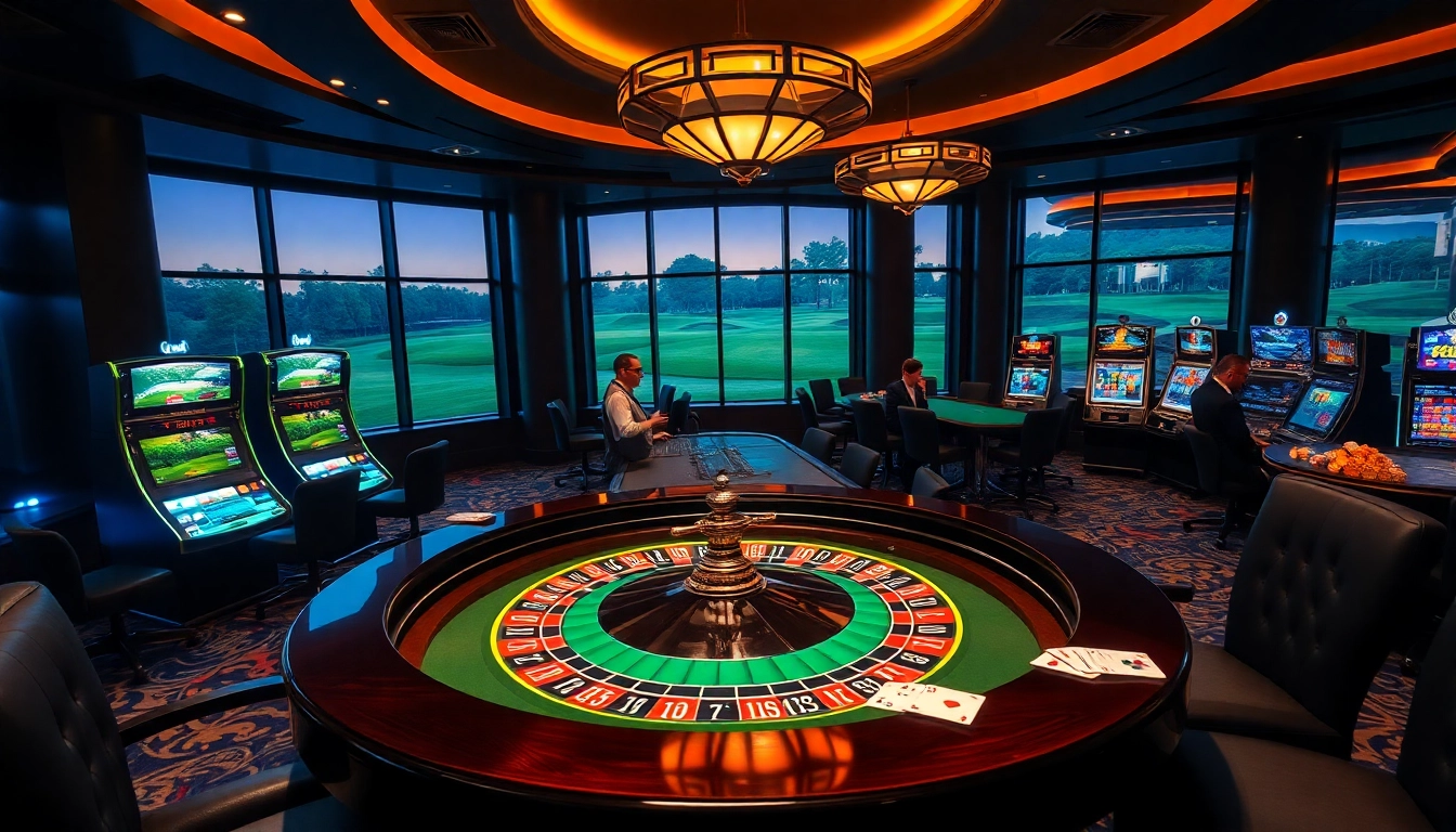 A lively golf-themed casino area featuring roulette tables and high-end slot machines at https://mb66.golf/ for exciting gambling experiences.